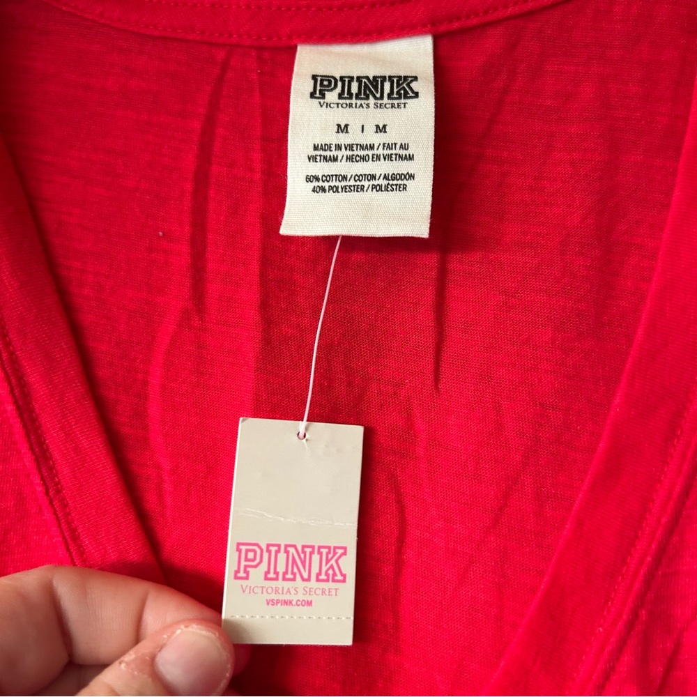 Victoria’s Secret pink V neck T-shirt red with silver writing medium NWT - Picture 5 of 5